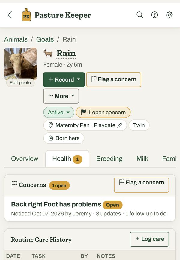 The health tab for Rain, a goat, with an open concern about her back right foot and a routine care history of hoof trims and deworming.